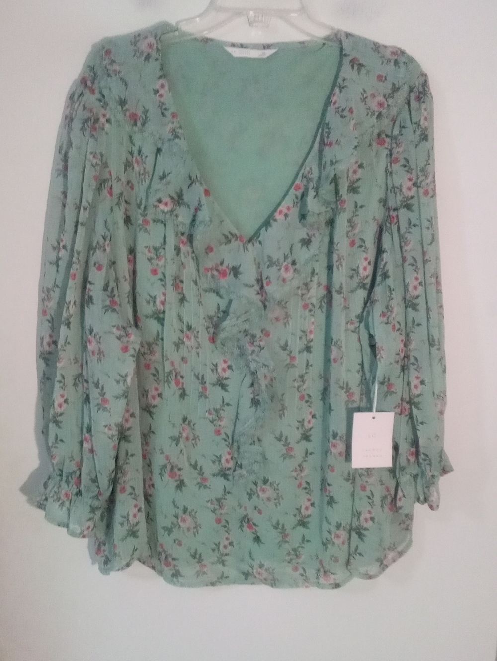 * Lauren Conrad Mint Green Floral V-Neck Blouse 3X Ruffles NWT $40